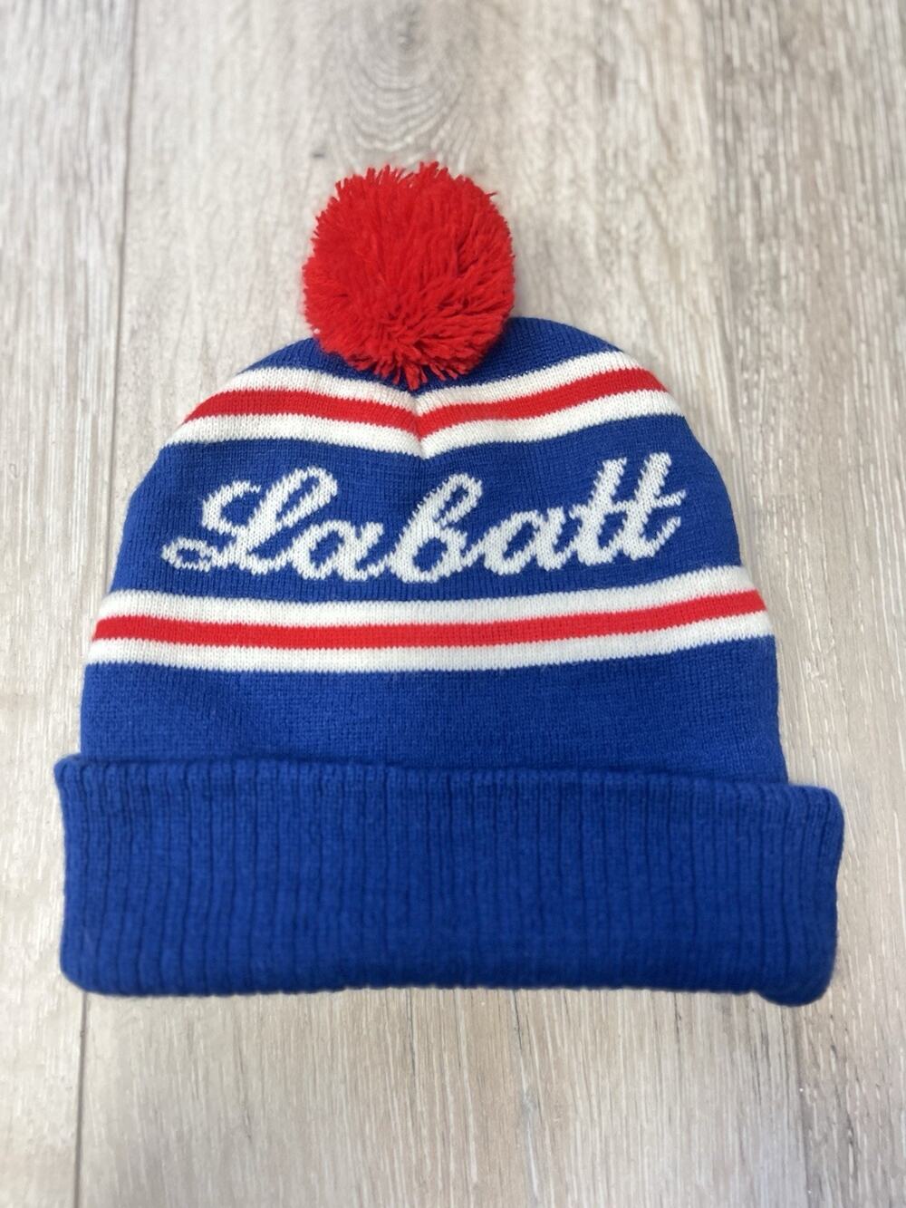 Classic Labatt Blue Beer Beanie Knit Winter Hat Pom Pom Striped Retro Canadian